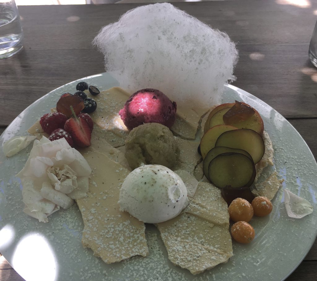 Babylonstoren / Paarl: Sweet, Sour & Bitter, rosewater meringue shards topped with lavender and coconut ice cream, fenned sorbet, berry frozen yoghurt, kapokbos and peach jelly, summer fruit, fennel sherbet and rose water candyfloss 